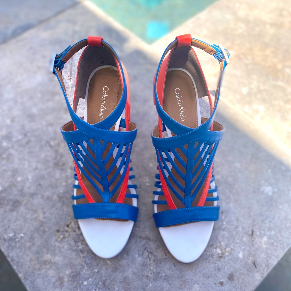Calvin Klein open-toed strappy multi-colored heel sandal.